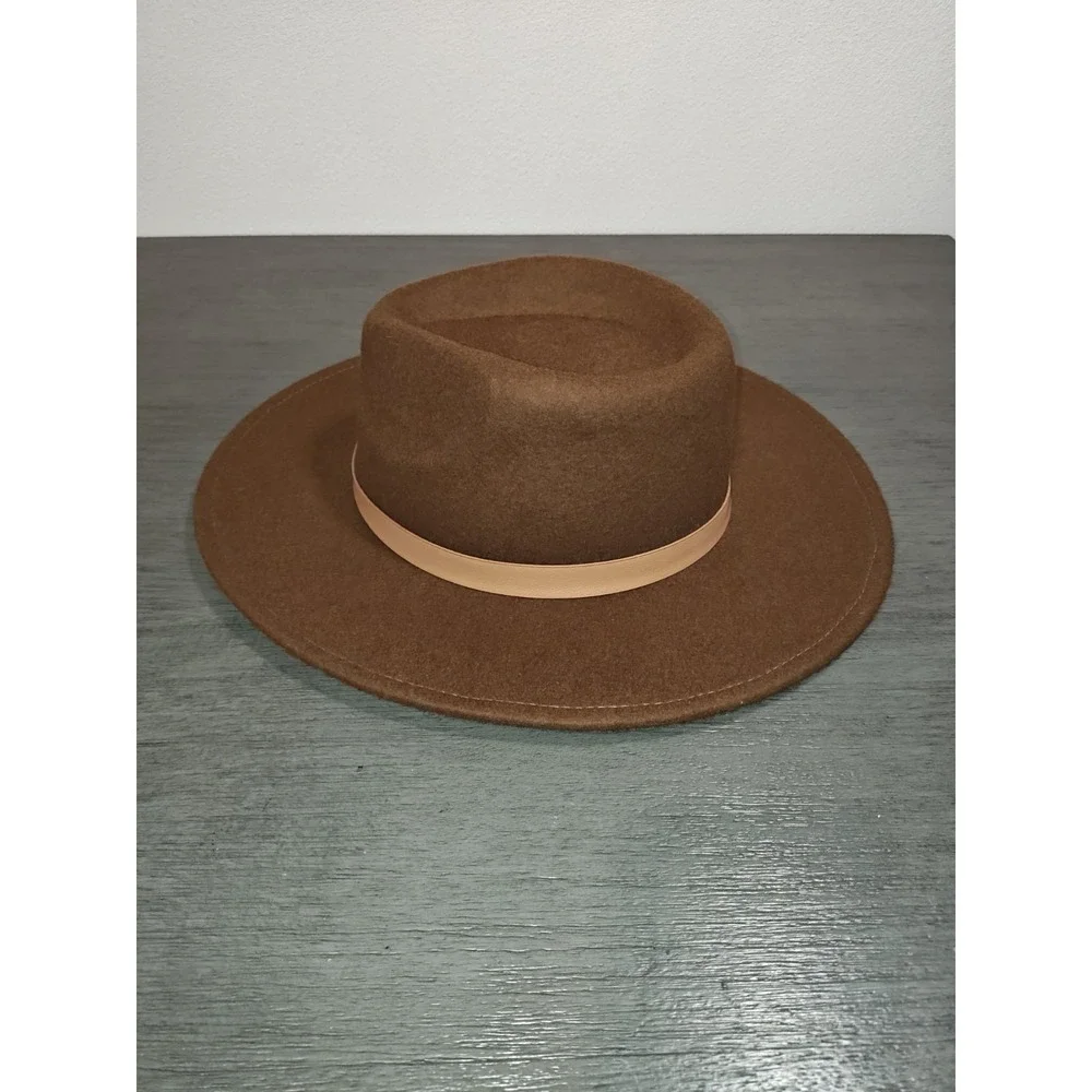 Brown 100% Wool Rancher Fedora Hat Wide Brim Western Boho 22 Inch